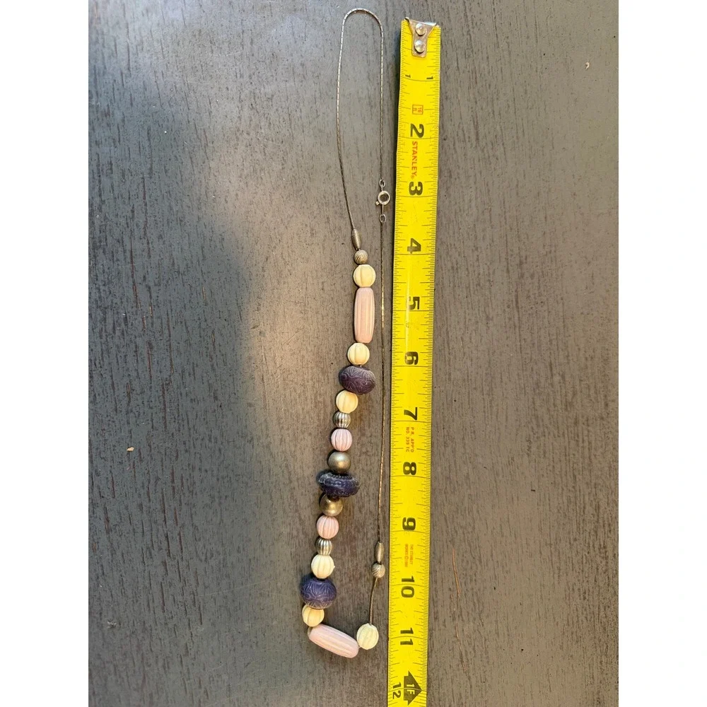 Vintage Beaded Necklace Gold Tone Chain Pink Purple Cream Pastel Boho Jewelry
